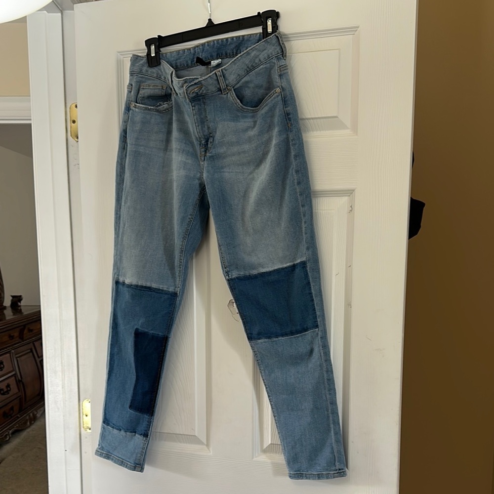 H&M Blue Straight Leg Jeans with Patchwork Design